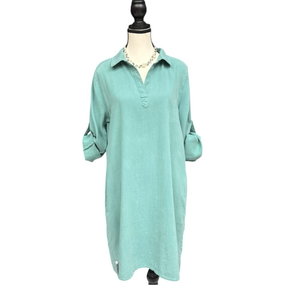 Side Stitch Sage Green Lyocell Tunic Dress Size Small Casual Shirt Dress Spring